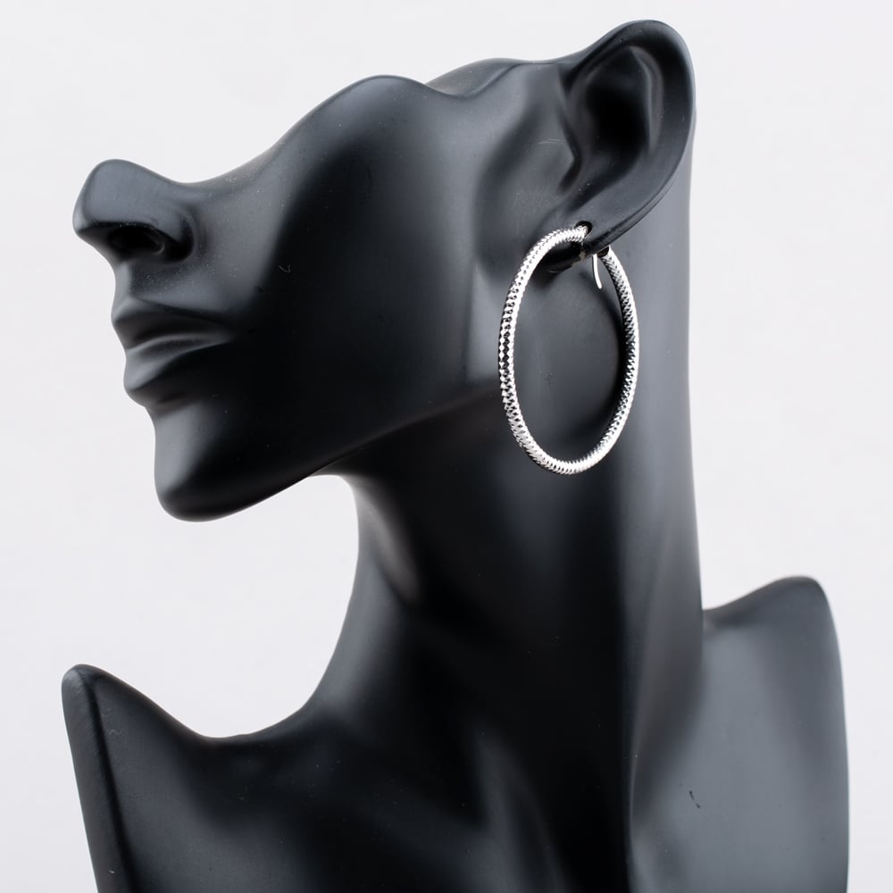 Sterling Silver Rhodium Plated 50mm Diamond Cut Hoop Creole Earrings 8.51.2409