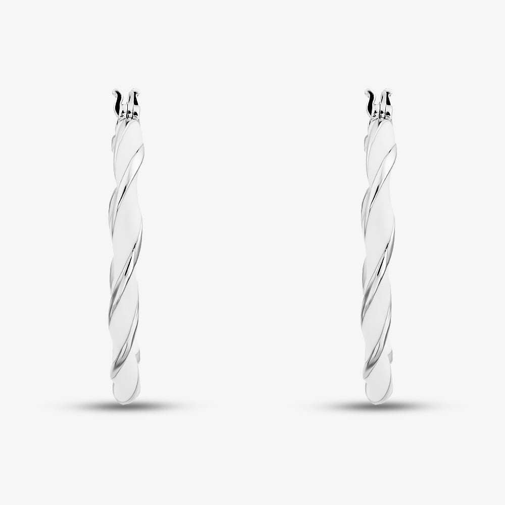 Sterling Silver Rhodium Plated 31mm White Enamel Twister Hoop Earrings 8.51.3143