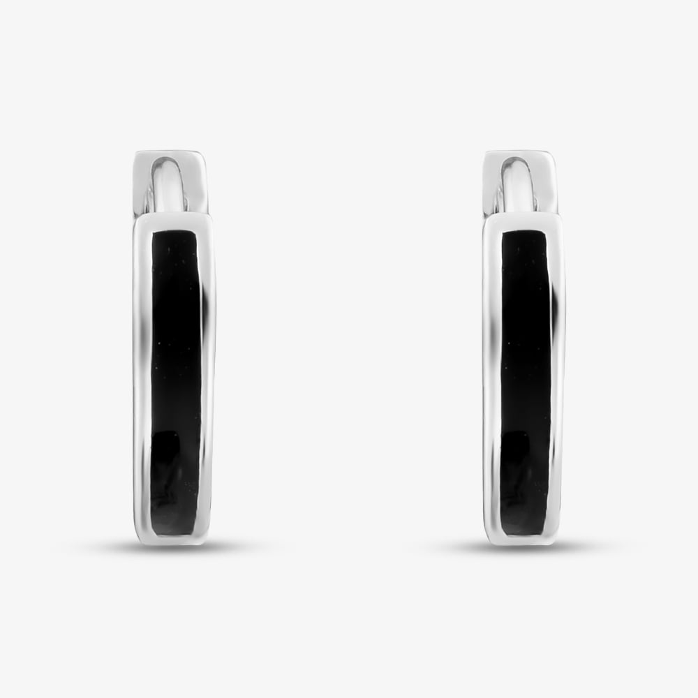 Sterling Silver Rhodium Plated Black Enamel V Shape Huggie Hoop Earrings 8.51.3149