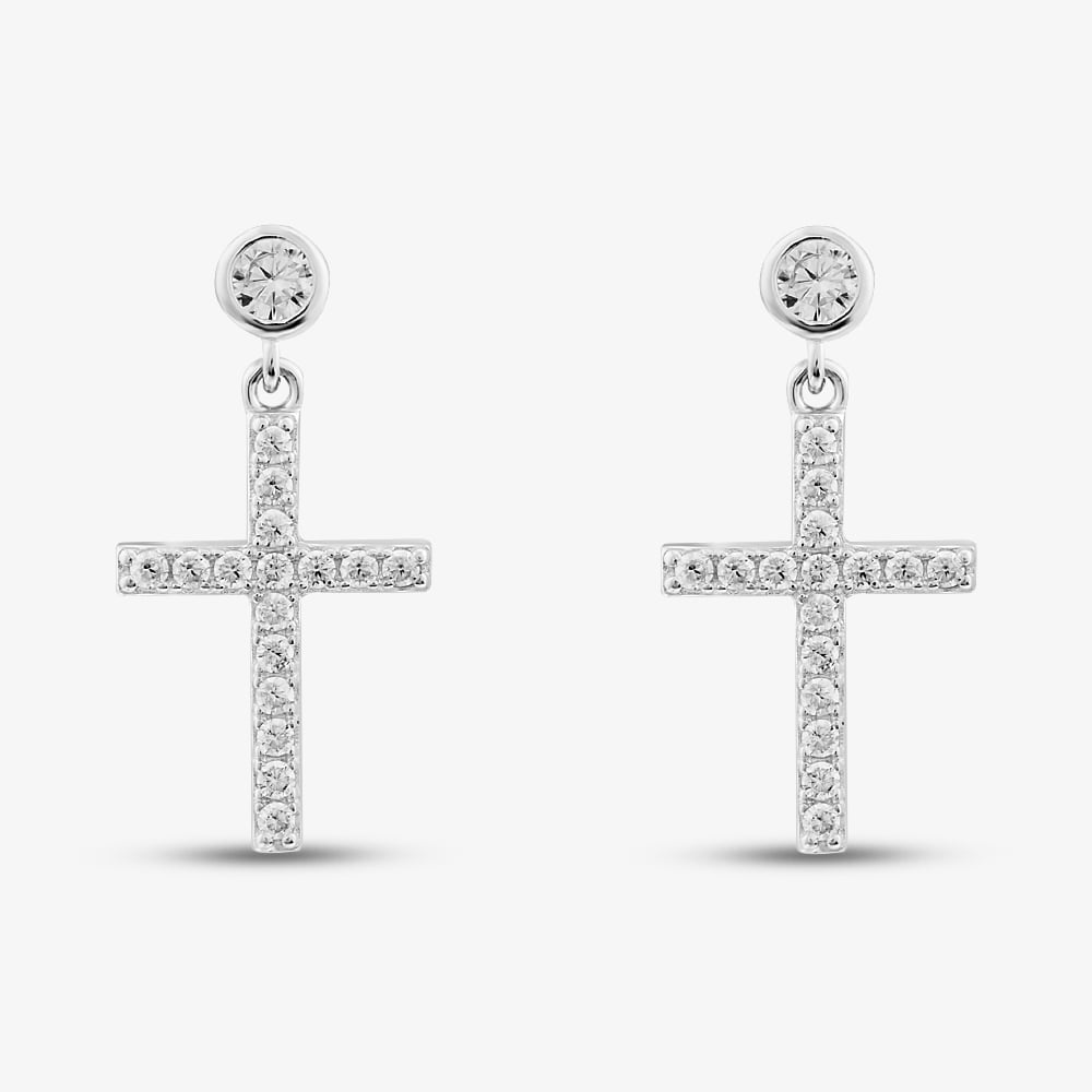 Sterling Silver Rhodium Plated Cross Cubic Zirconia Drop Earrings 8.53.0016