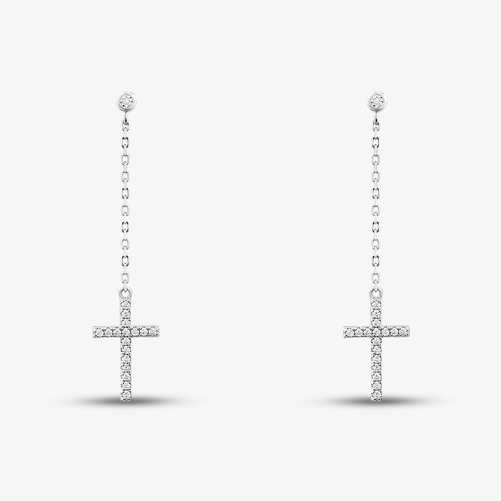 Sterling Silver Rhodium Plated Cubic Zirconia Cross Drop Earrings 8.54.5085