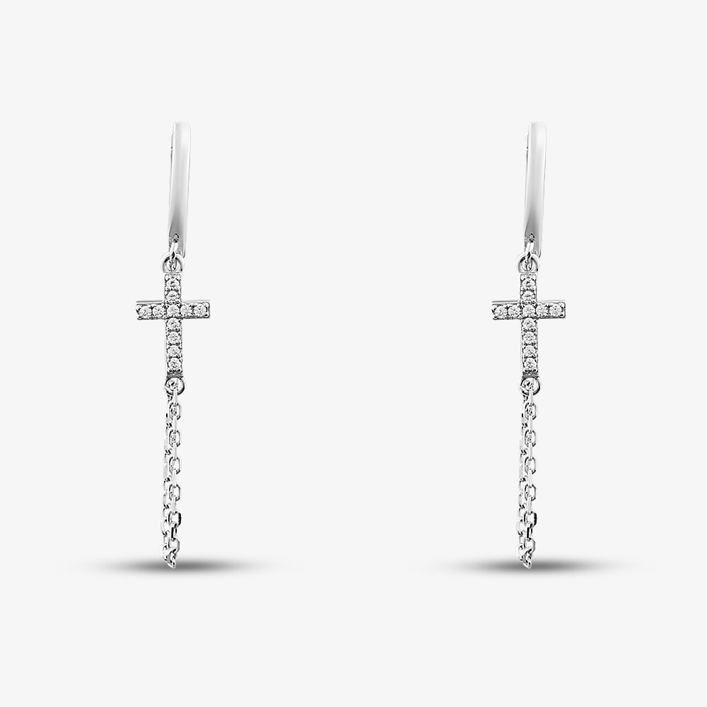 Sterling Silver Rhodium Plated Cubic Zirconia Chained Cross Creole Earrings  8.54.5086