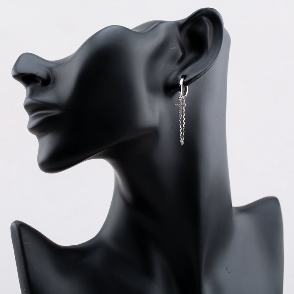 Sterling Silver Rhodium Plated Cubic Zirconia Chained Cross Creole Earrings  8.54.5086