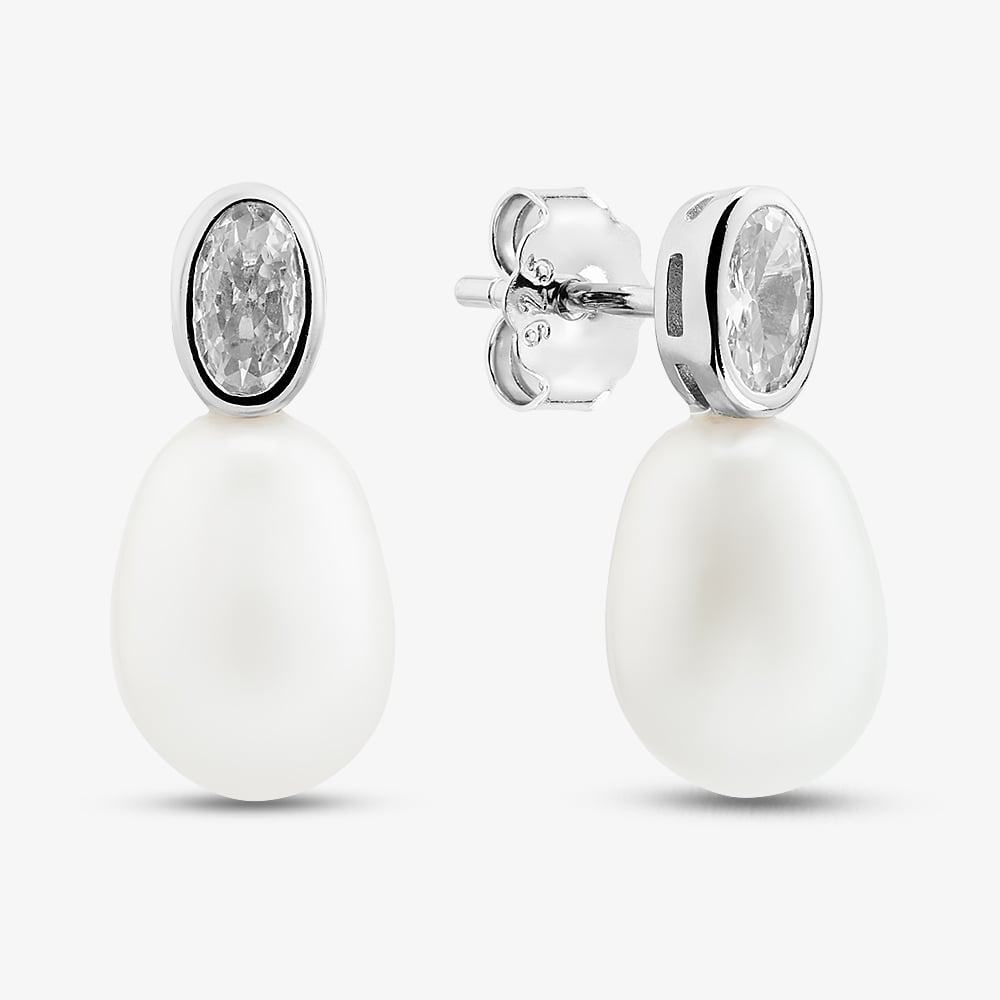Sterling Silver Freshwater Pearl &amp; Cubic Zirconia Oval Dropper Earrings EOW70250FW