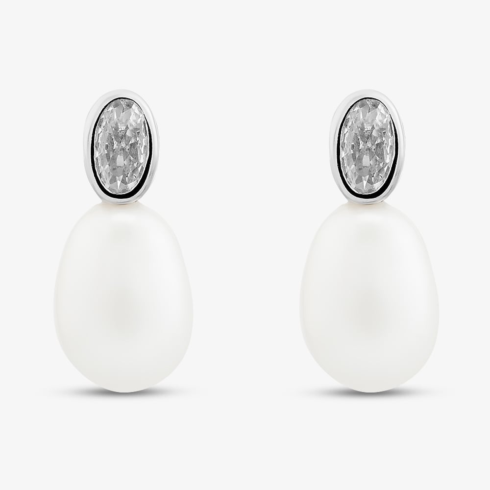 Sterling Silver Freshwater Pearl & Cubic Zirconia Oval Dropper Earrings EOW70250FW
