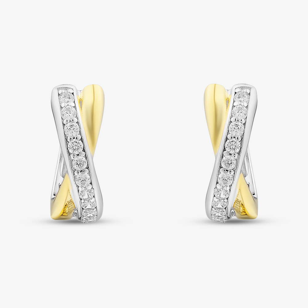 Fashionista Silver Two-Tone Cubic Zirconia Cross Over Hoop Earrings ME-1069GO