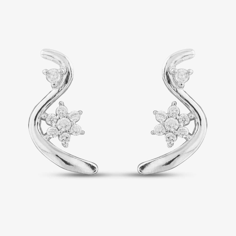 Silver Cubic Zirconia Swirl Flower Stud Earrings E614543