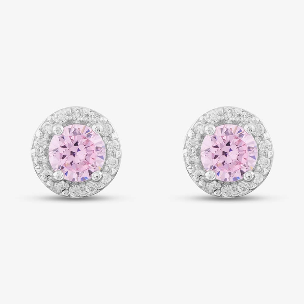 Silver Round Pink Cubic Zirconia Halo Stud Earrings E4442 PINK