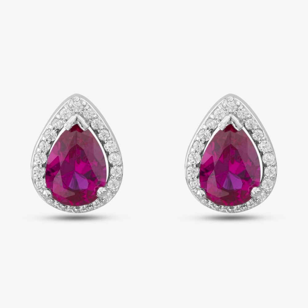 Silver Pear Cut Red Cubic Zirconia Halo Stud Earrings THB-01E RED