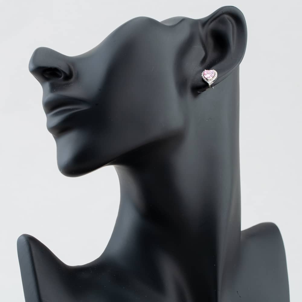 Silver Heart-cut Pink Cubic Zirconia Halo Stud Earrings THB-03E PINK