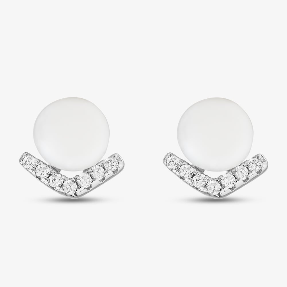 Sterling Silver Freshwater Pearl & Cubic Zirconia Cluster Stud Earrings EOW70168FW