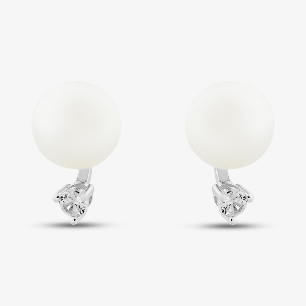 Sterling Silver Large Freshwater Pearl & Cubic Zirconia Stud Earrings EOW7077FW/W