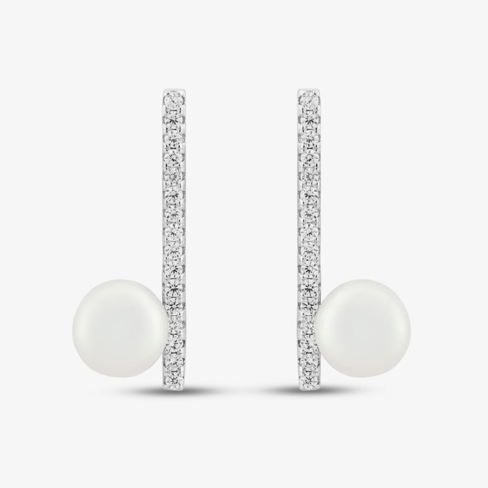 Sterling Silver Freshwater Pearl & Cubic Zirconia Bar Dropper Earrings EOW70167FW