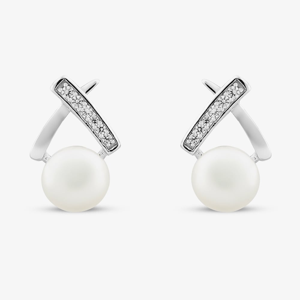 Sterling Silver Freshwater Pearl & Cubic Zirconia X Stud Earrings EOW70169FW