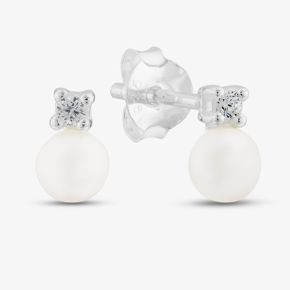Sterling Silver Fresh Water Pearl Cubic Zirconia Stud Earrings E6236W