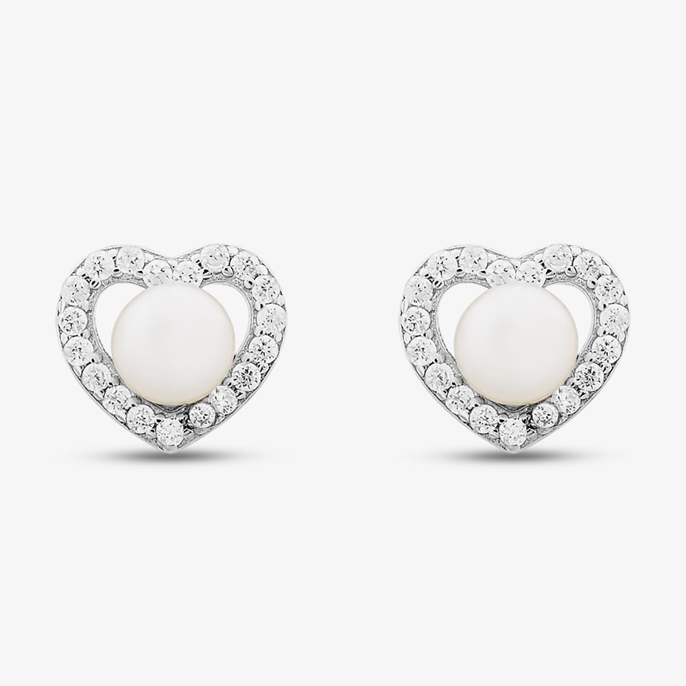 Sterling Silver Freshwater Pearl & Cubic Zirconia Heart Stud Earrings EOW70137FW