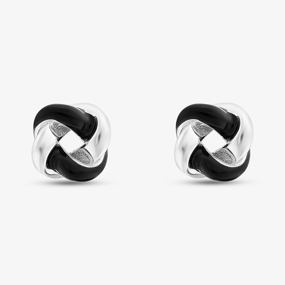 Sterling Silver Rhodium Plated Black Enamel Small Knot Stud Earrings 8.55.9507