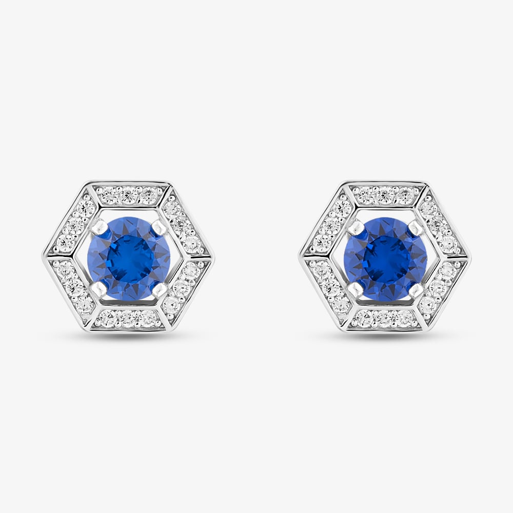 Sterling Silver Rhodium Plated Blue Cubic Zirconia Hexagon Stud Earrings 8.57.0018