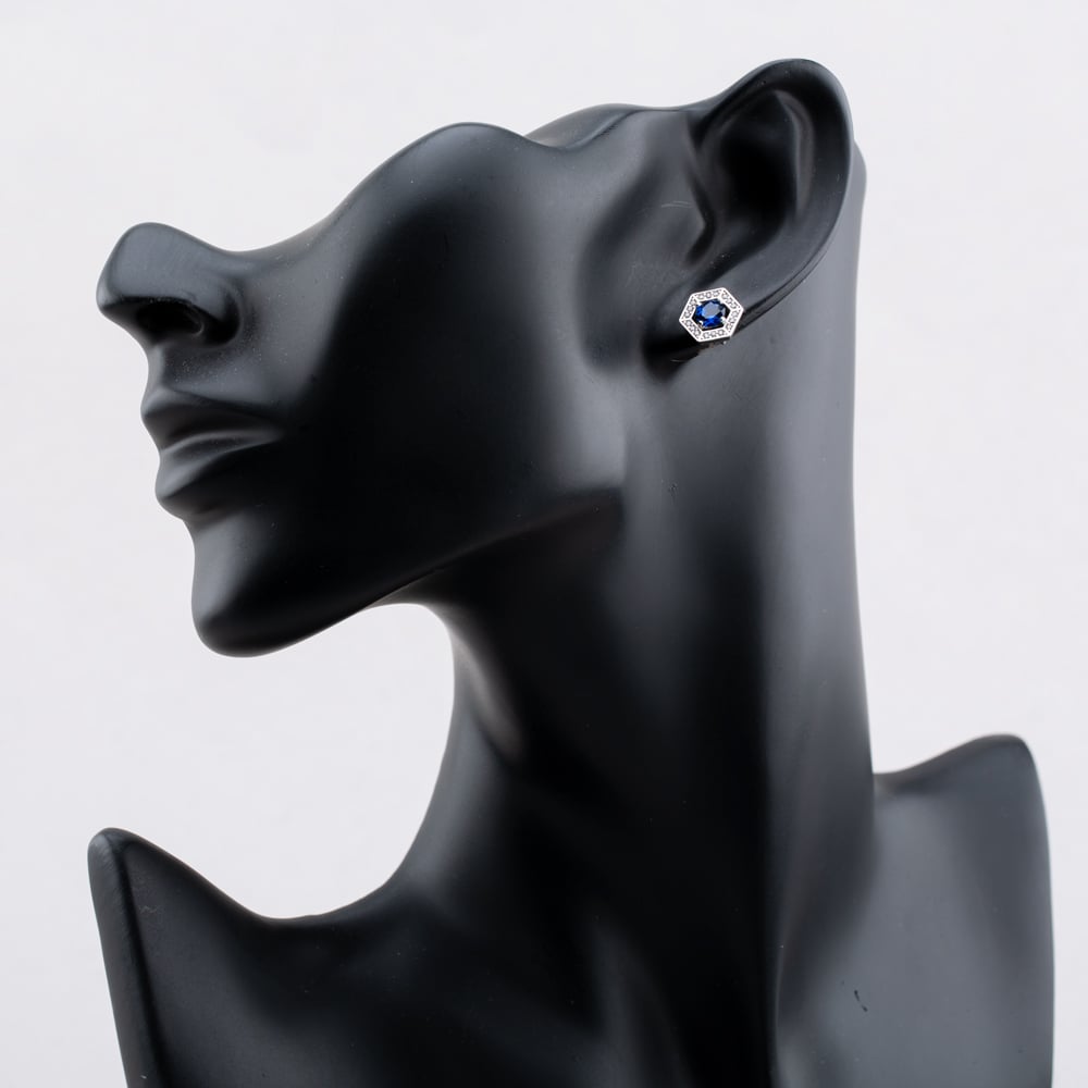 Sterling Silver Rhodium Plated Blue Cubic Zirconia Hexagon Stud Earrings 8.57.0018