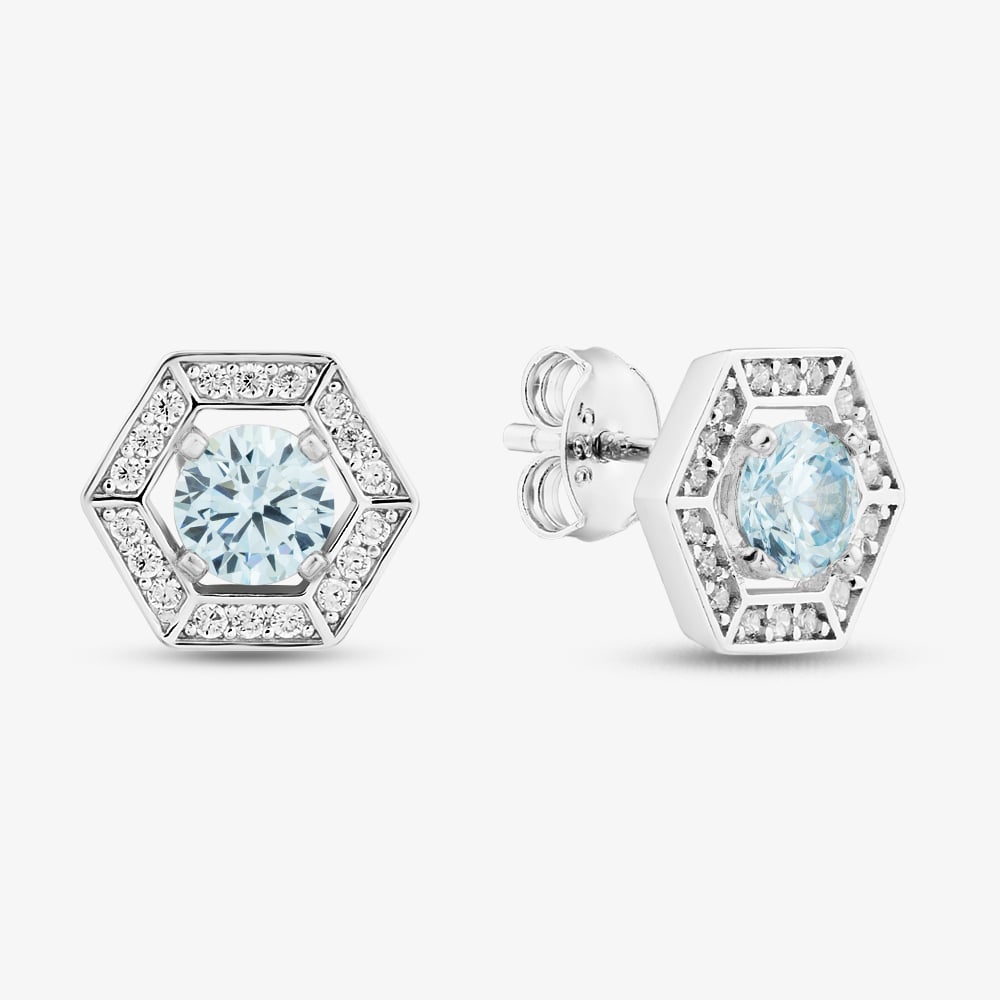Click to view product details and reviews for Sterling Silver Rhodium Plated Light Blue Cubic Zirconia Hexagon Stud Earrings 8570019.