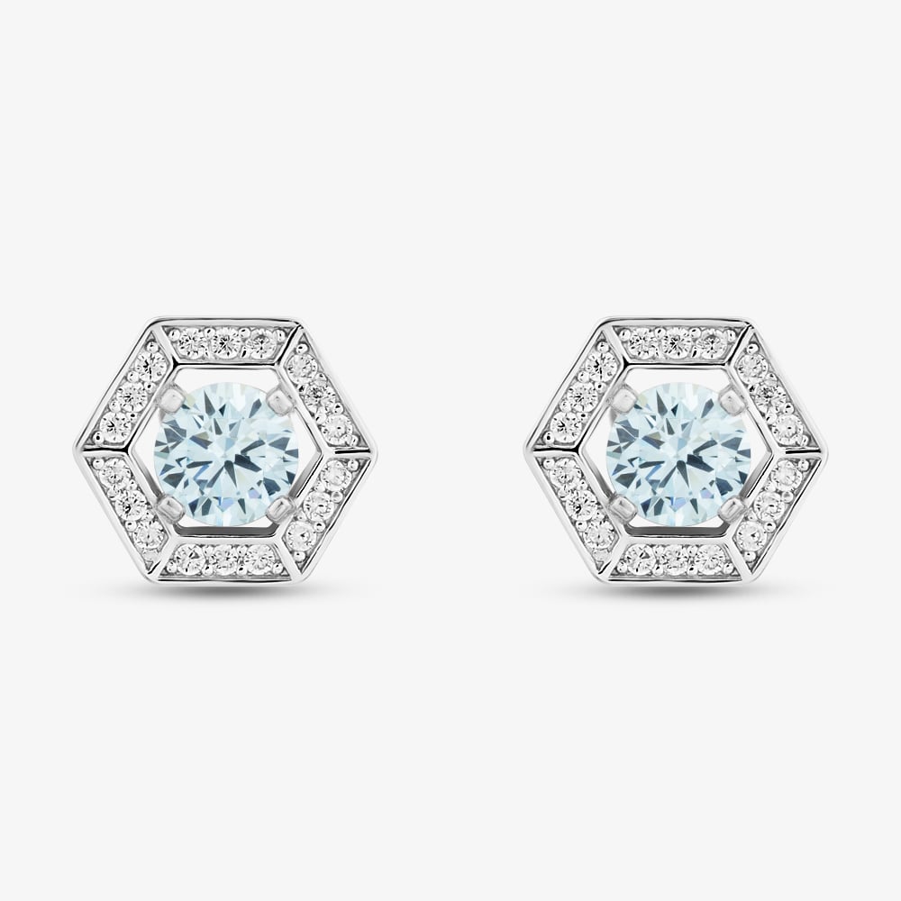Sterling Silver Rhodium Plated Light Blue Cubic Zirconia Hexagon Stud Earrings 8.57.0019