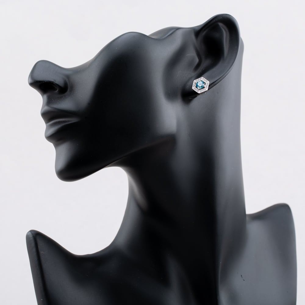 Sterling Silver Rhodium Plated Light Blue Cubic Zirconia Hexagon Stud Earrings 8.57.0019