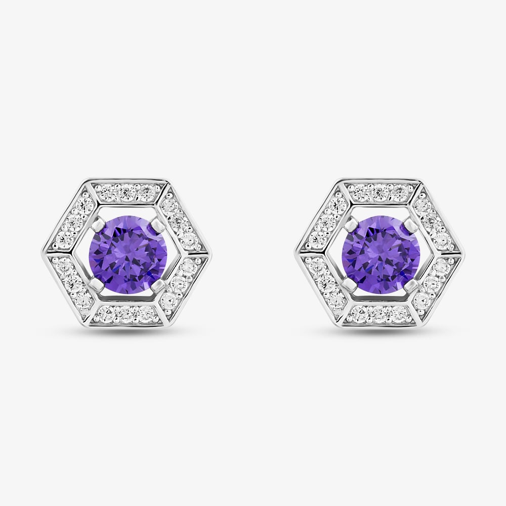 Sterling Silver Rhodium Plated Purple Cubic Zirconia Hexagon Stud Earrings 8.57.0020