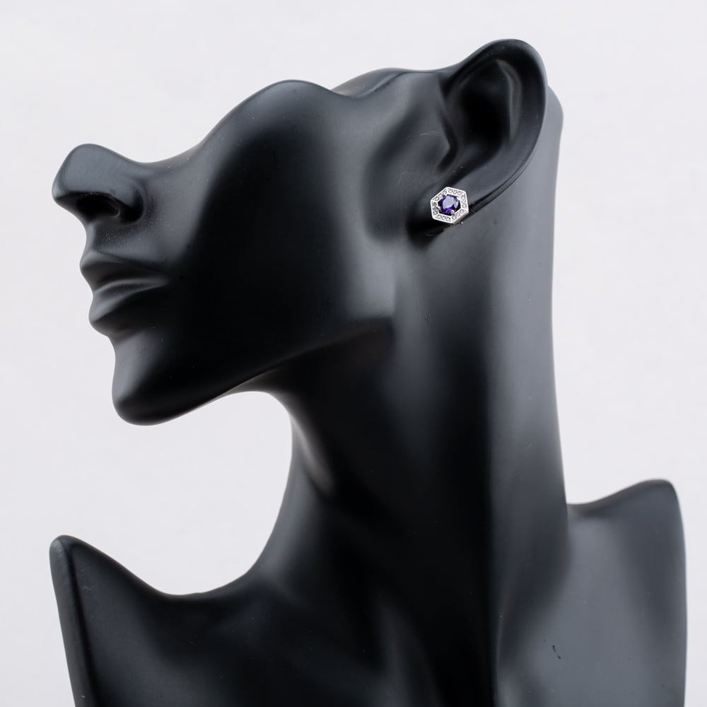 Sterling Silver Rhodium Plated Purple Cubic Zirconia Hexagon Stud Earrings 8.57.0020