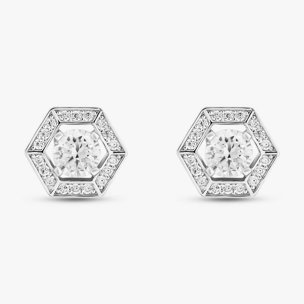 Sterling Silver Rhodium Plated White Cubic Zirconia Hexagon Stud Earrings 8.57.0021