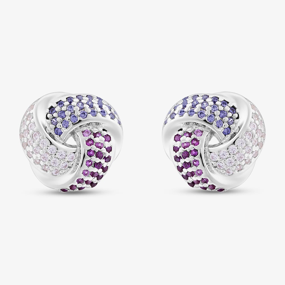 Sterling Silver Rhodium Plated Pink Cubic Zirconia Pave Knot Stud Earrings 8.57.0029