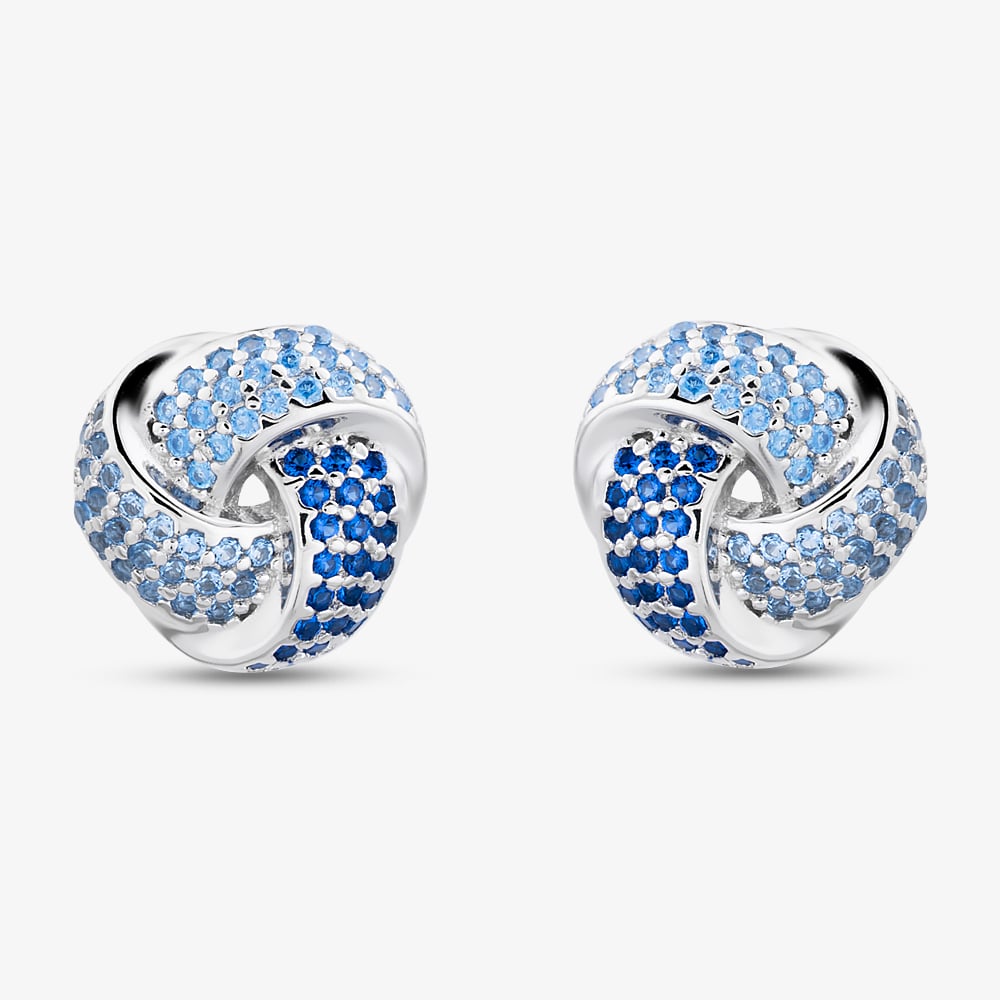 Sterling Silver Rhodium Plated Blue Cubic Zirconia Pave Knot Stud Earrings 8.57.0030