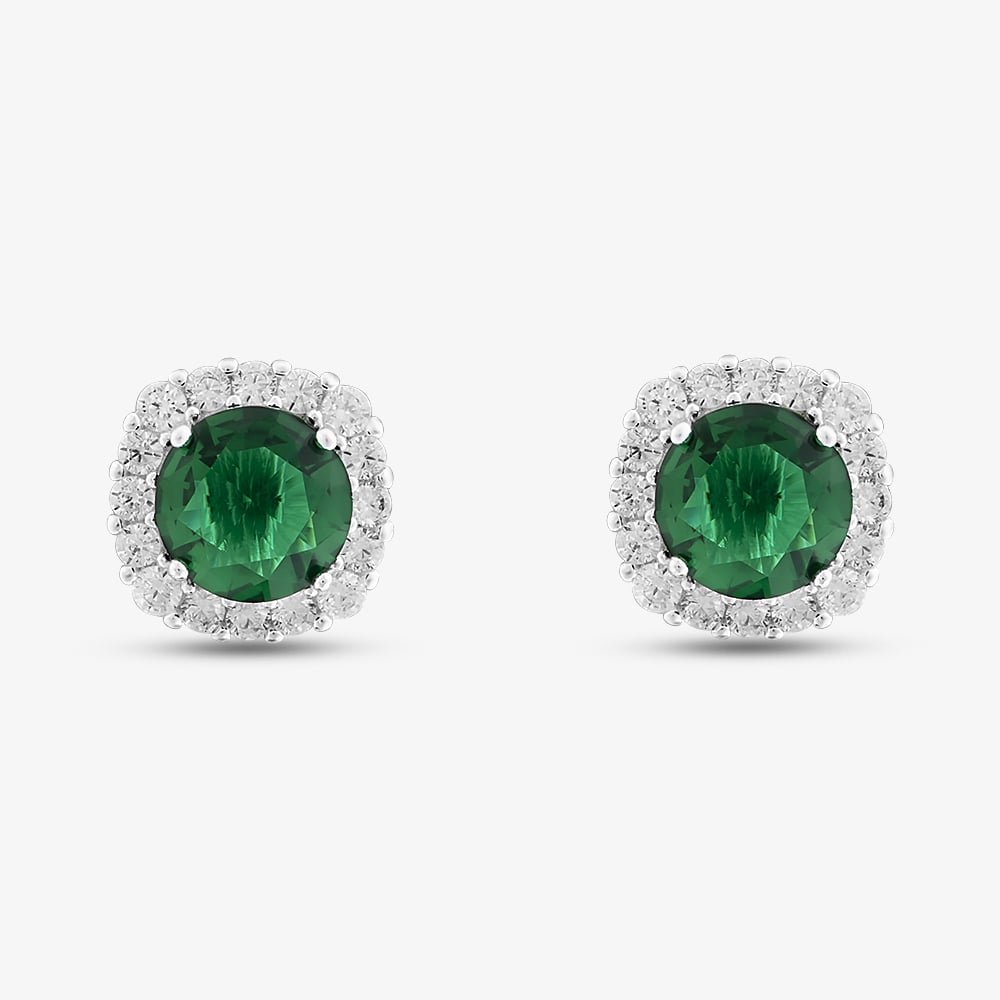 Sterling Silver Rhodium Plated White & Green Cubic Zirconia Stud Earrings 8.57.0047