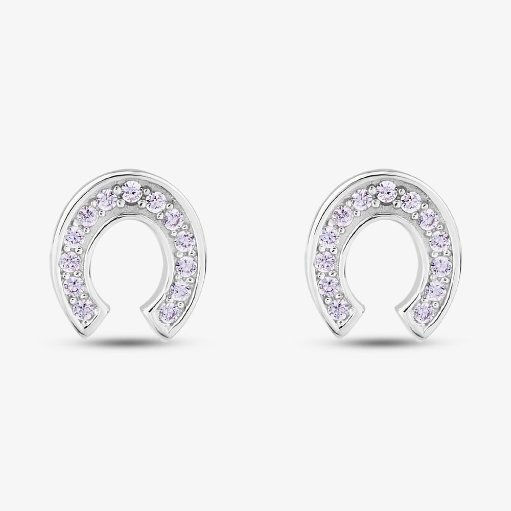 Sterling Silver Rhodium Plated Pink Cubic Zirconia Horseshoe Stud Earrings 8.59.1069