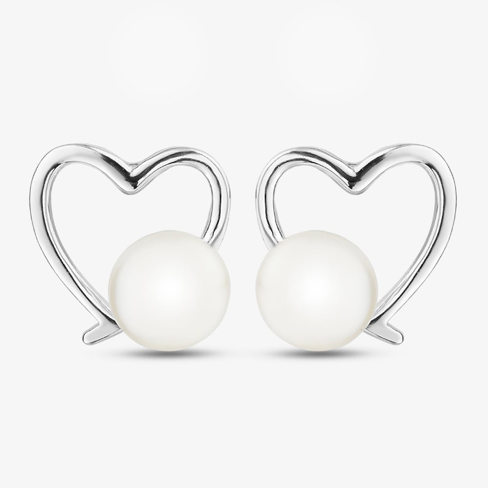 Sterling Silver Freshwater Pearl Open Heart Stud Earrings EOW70265FW
