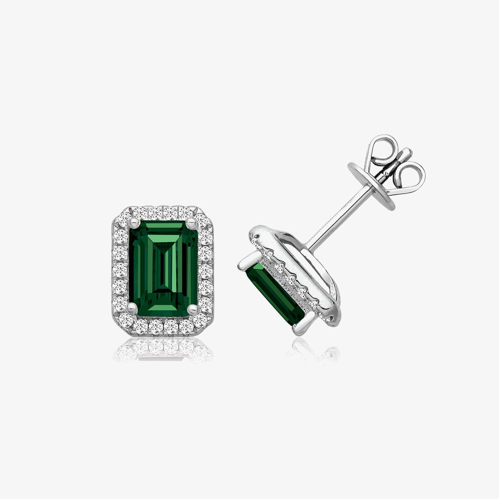Fashionista Silver Sterling Silver Emerald Cut Green Cubic Zirconia Halo Stud Earrings SEG0027EM