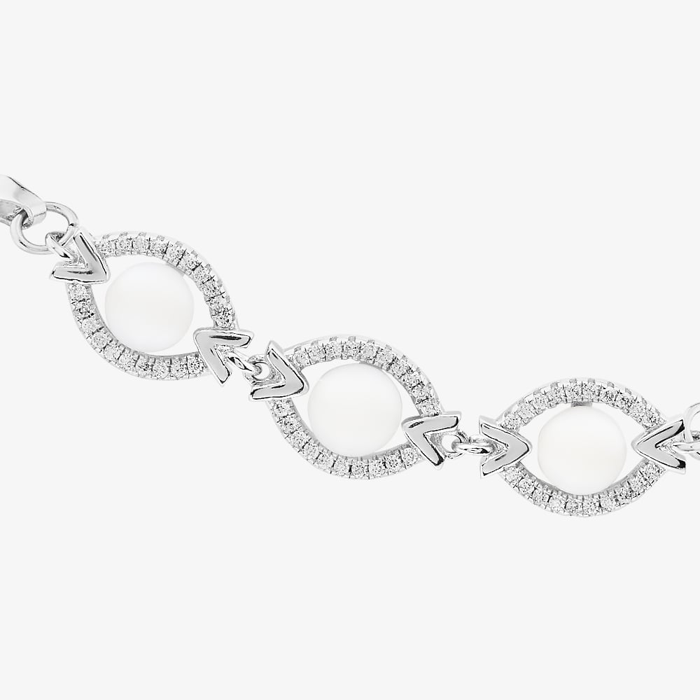 Sterling Silver Freshwater Pearl & Cubic Zirconia Triple Link Bracelet BRW70248FW