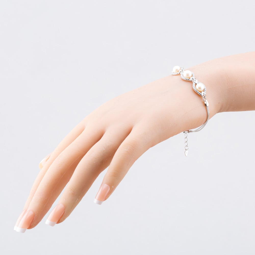 Sterling Silver Freshwater Pearl & Cubic Zirconia Triple Link Bracelet BRW70248FW