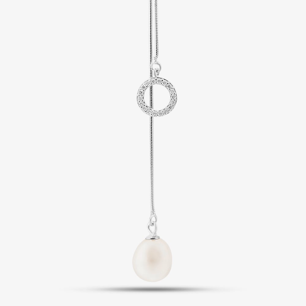 Sterling Silver Freshwater Pearl & Cubic Zirconia Adjustable Necklace POW70390FW