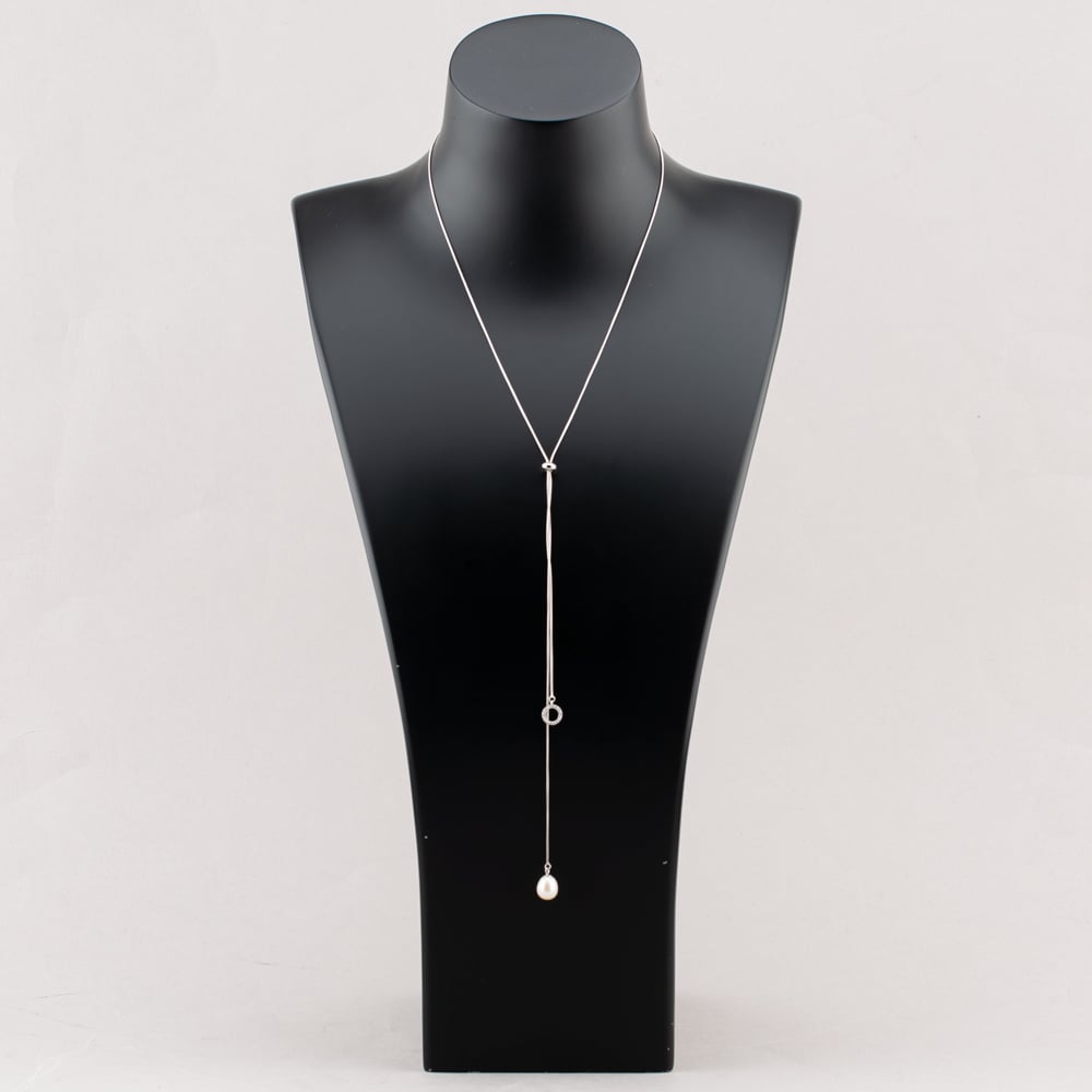 Sterling Silver Freshwater Pearl & Cubic Zirconia Adjustable Necklace POW70390FW