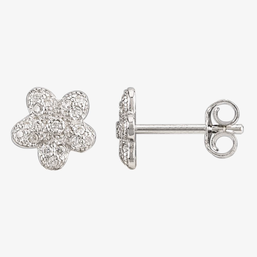 Silver Cubic Zirconia Textured Flower Pendant and Earring Set E610851+E610851-P