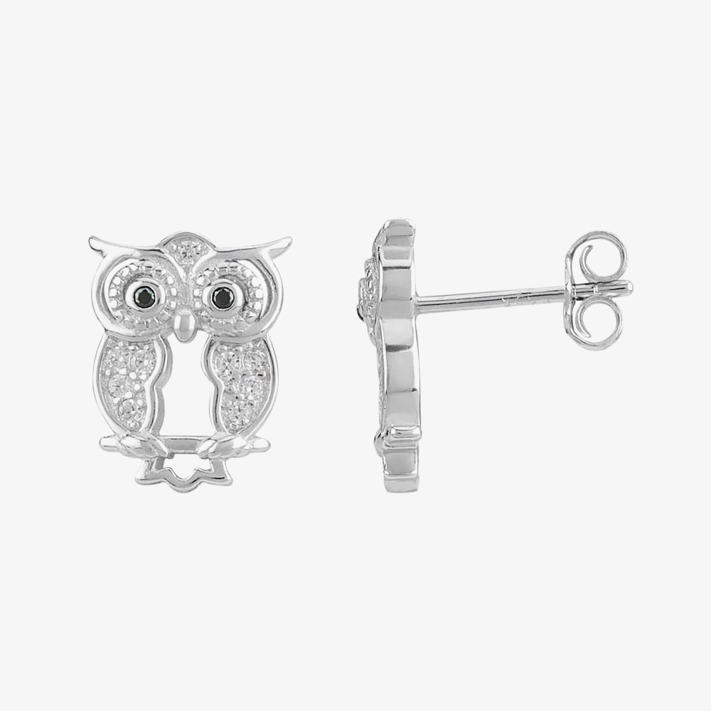 Silver Cubic Zirconia Owl Pendant and Earring Set E615090+P614130