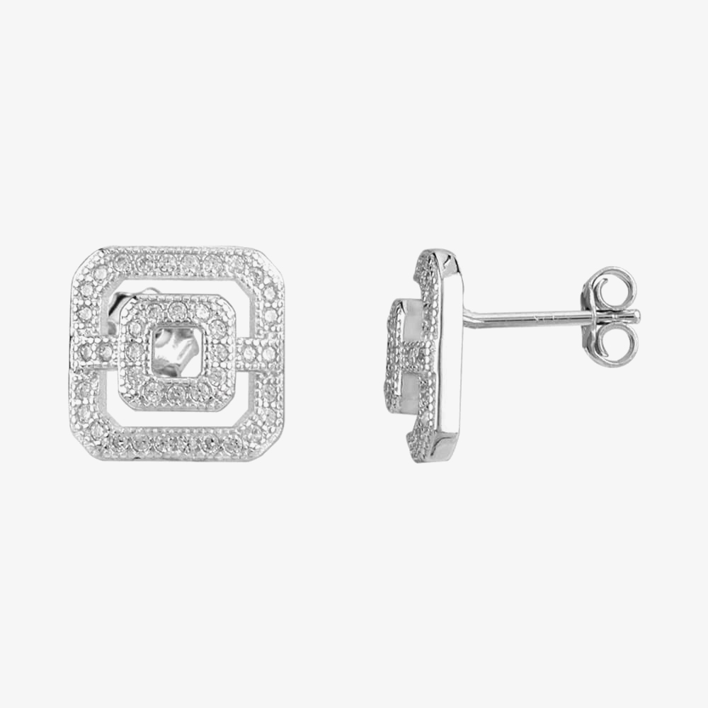 Silver Pavé Open Square Pendant and Earring Set E611954+P612150