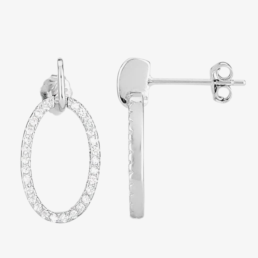 Silver Cubic Zirconia Open Oval Pendant and Dropper Earring Set SET12795