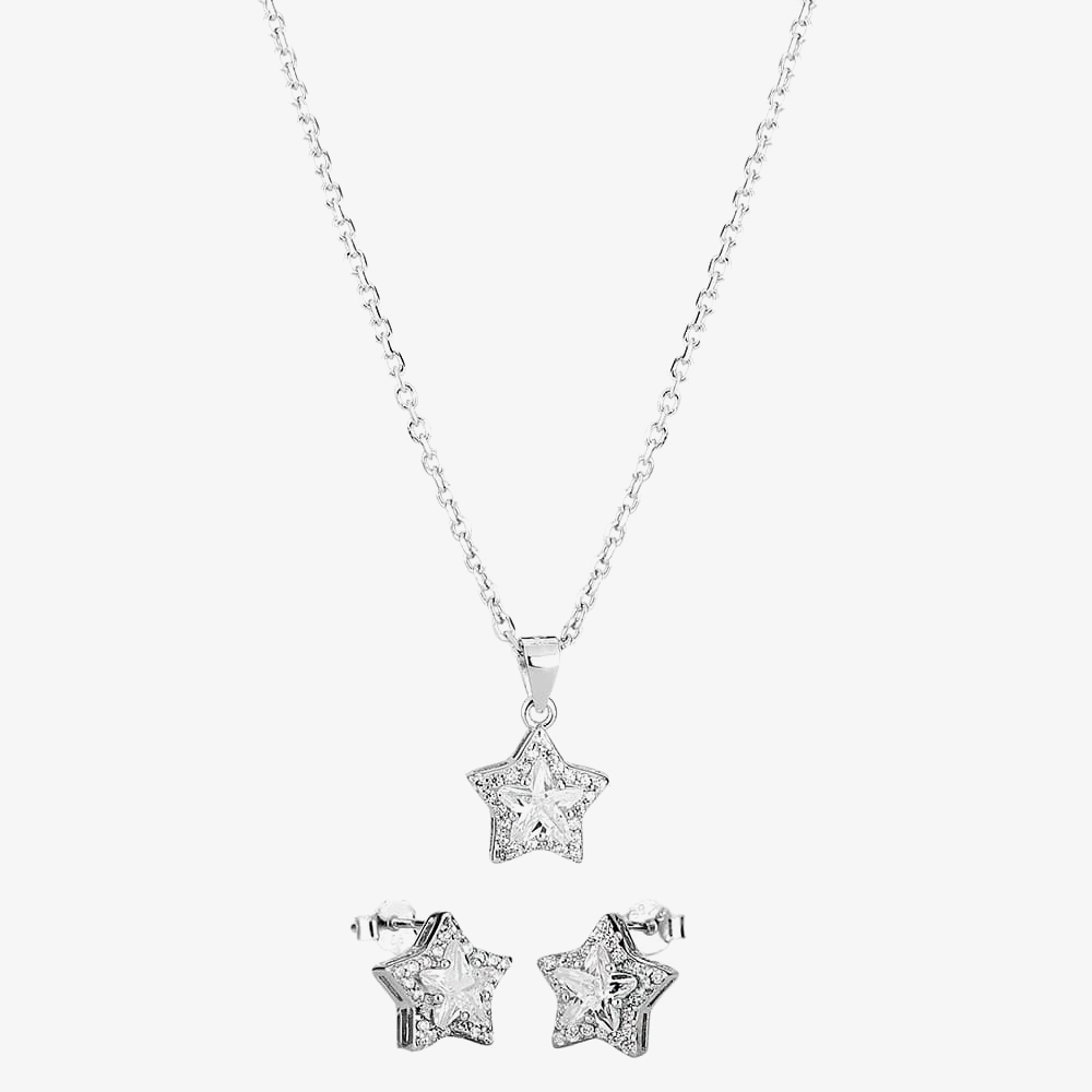 Product photograph of Silver Cubic Zirconia Star Pendant And Studs Set Set14288 from The Jewel Hut