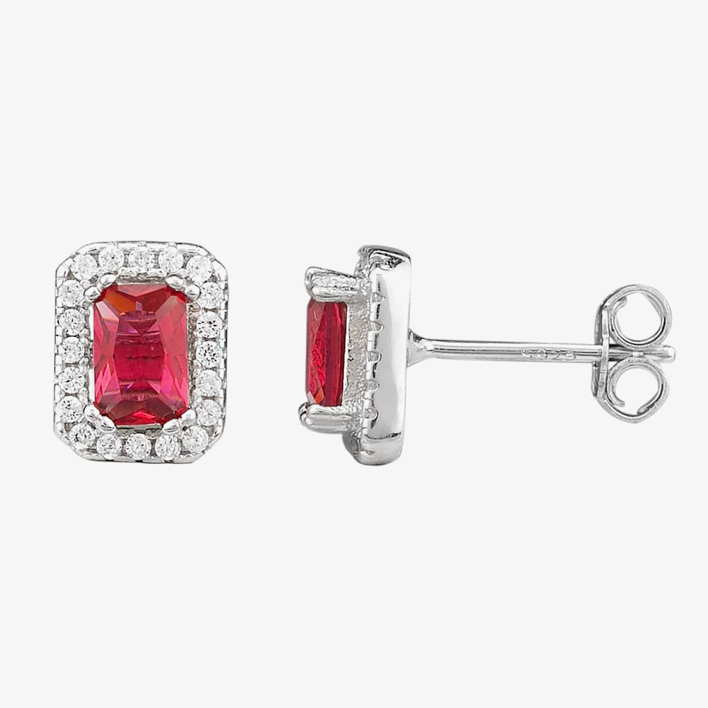 Silver Red Cubic Zirconia Baguette Pendant and Earring Set SET14195