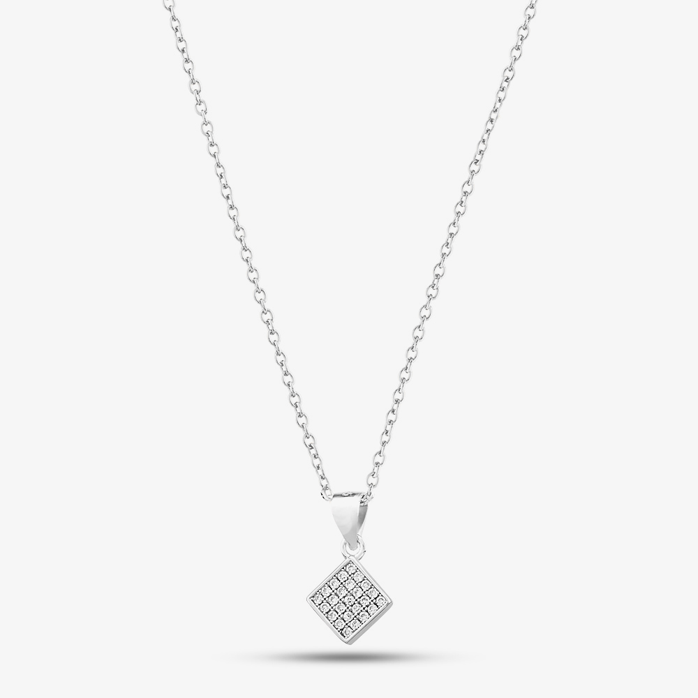 Silver & Cubic Zirconia Pave Diamond-Shape Necklace & Earring Set SET16182