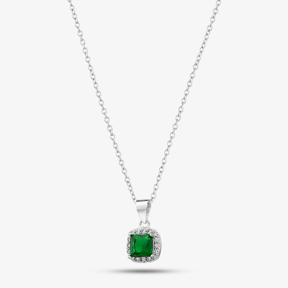 Silver & Cubic Zirconia Square-Shape Cluster Necklace & Earring Set SET16685 