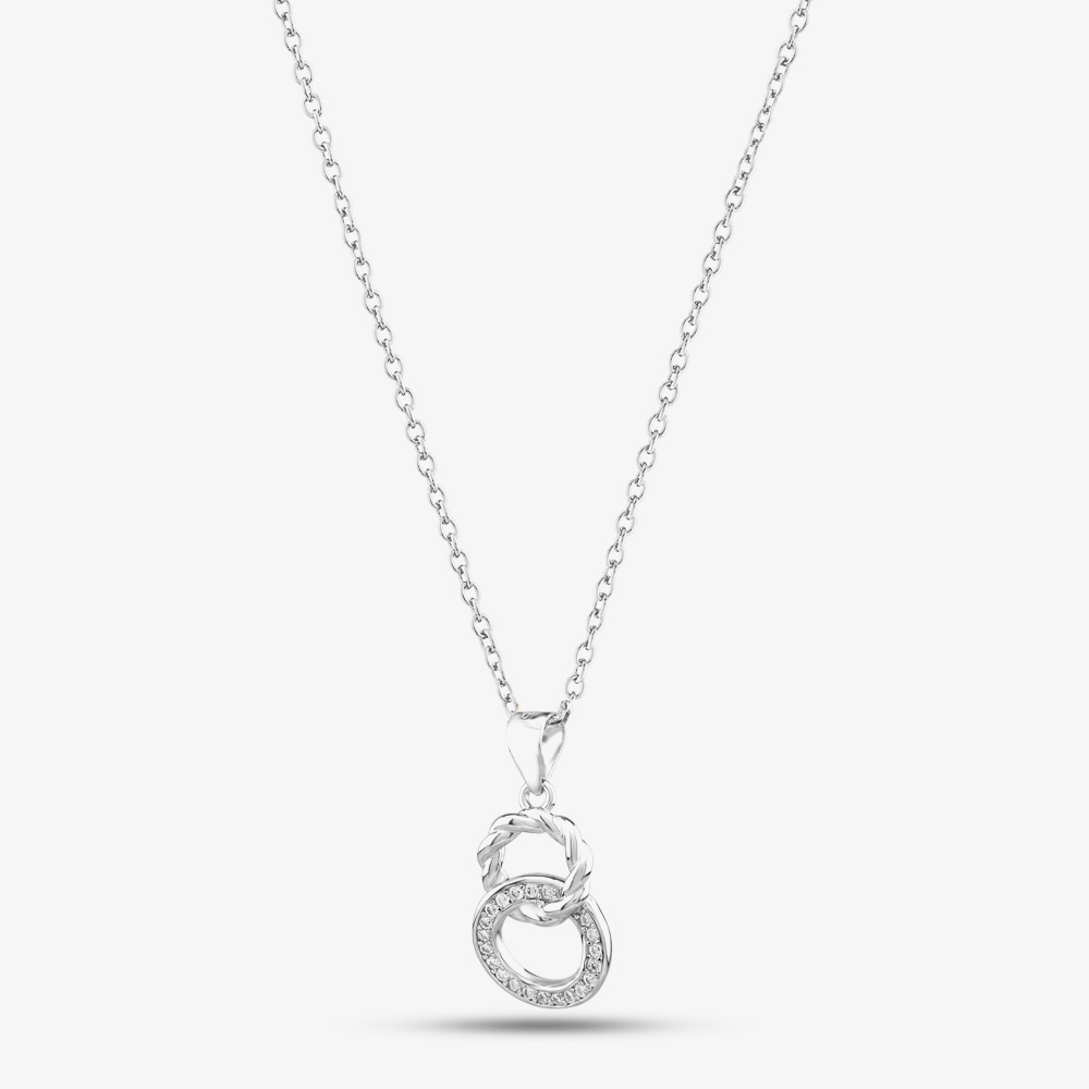 Silver & Cubic Zirconia Interlinked Double Circle Necklace & Earring Set SET16794 