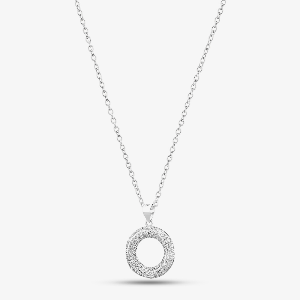 Silver & Cubic Zirconia Pave Open Circle Necklace & Hoop Earring Set SET172410