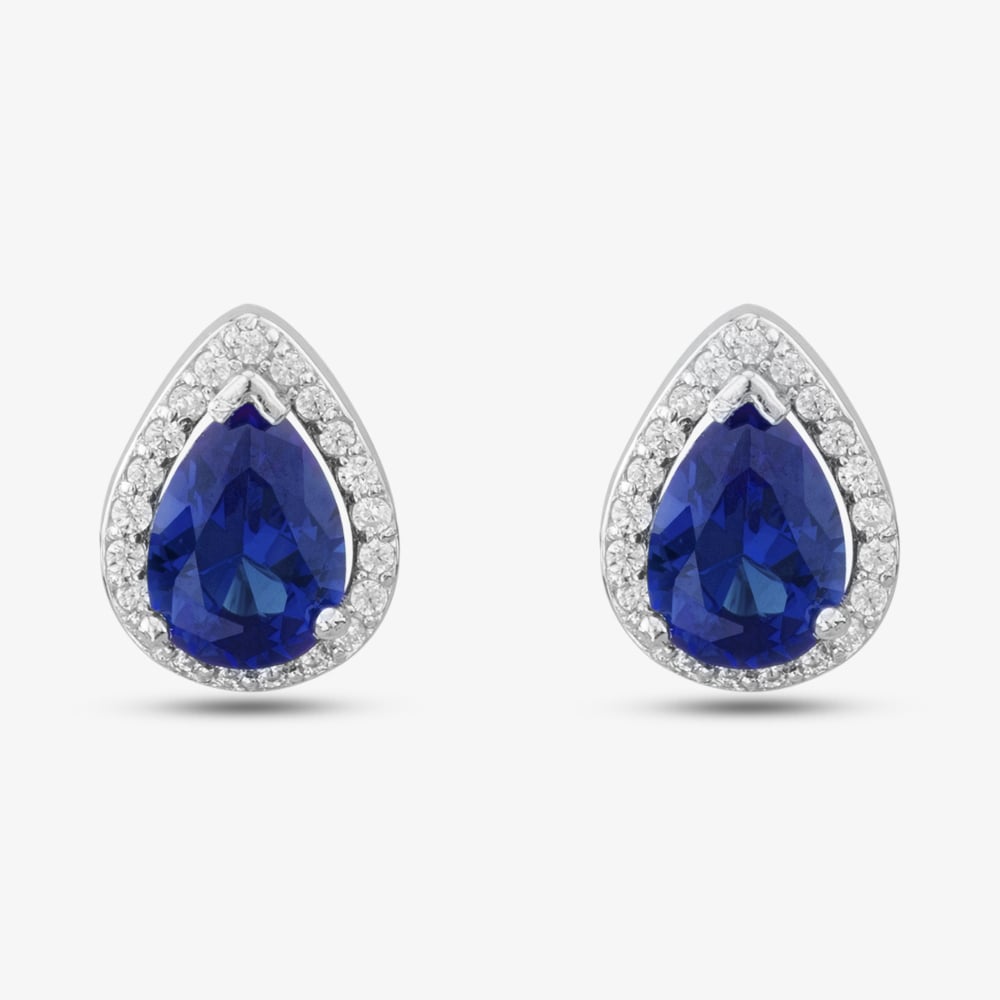 Silver Pear-cut Blue Cubic Zirconia Halo Stud Earrings THB-01E BLUE